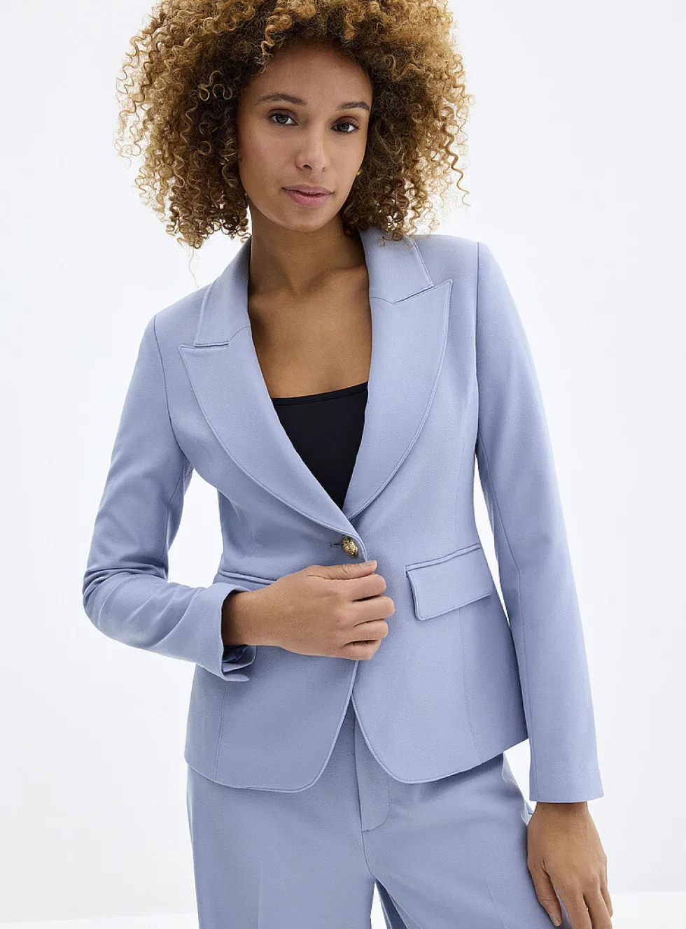 Crest-button stretch crepe fitted blazer