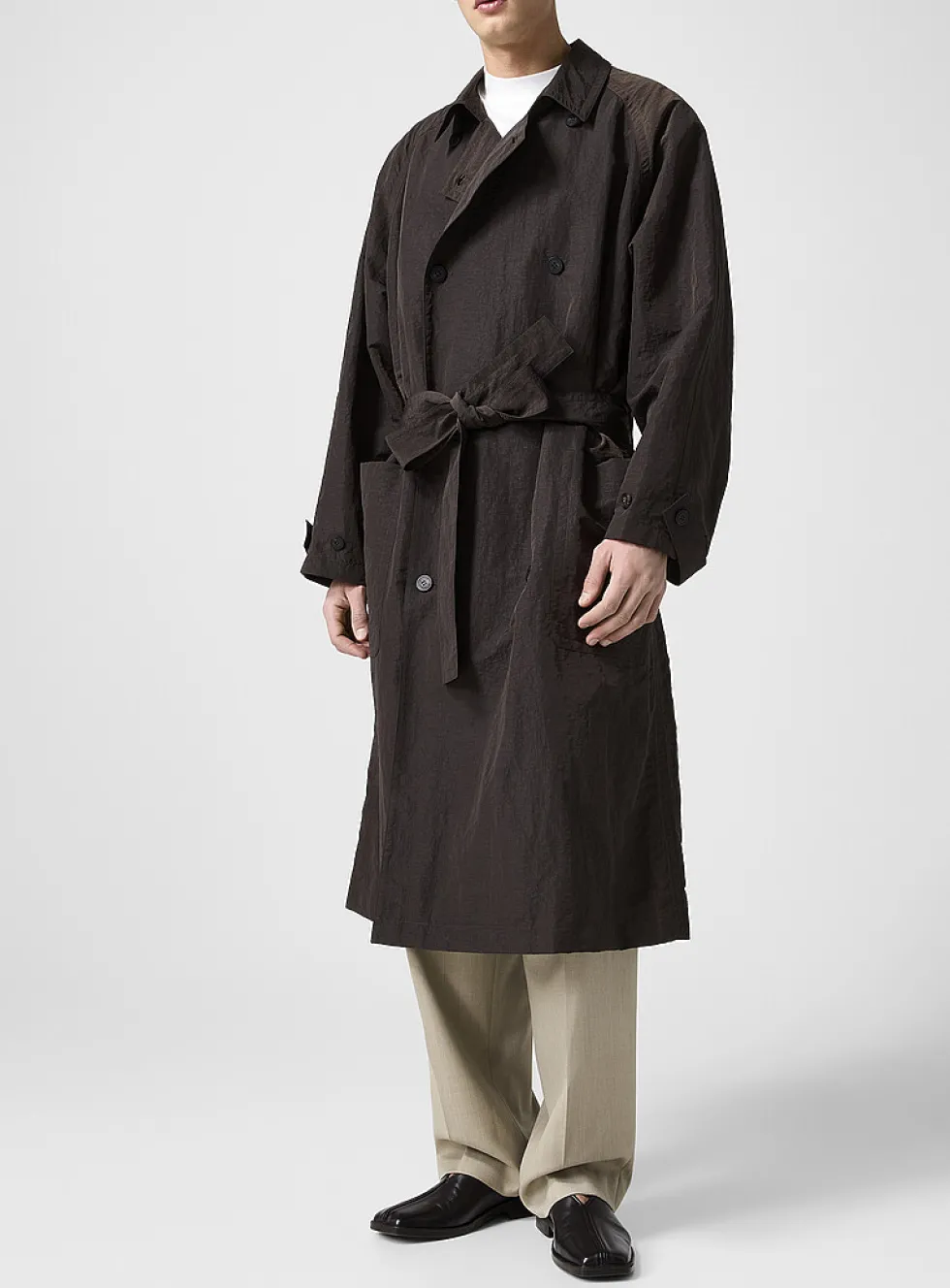 Crinkled nylon belted trench coat