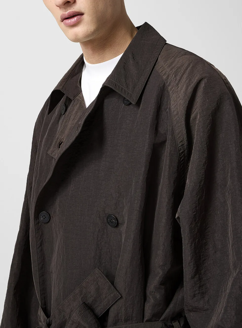 Crinkled nylon belted trench coat