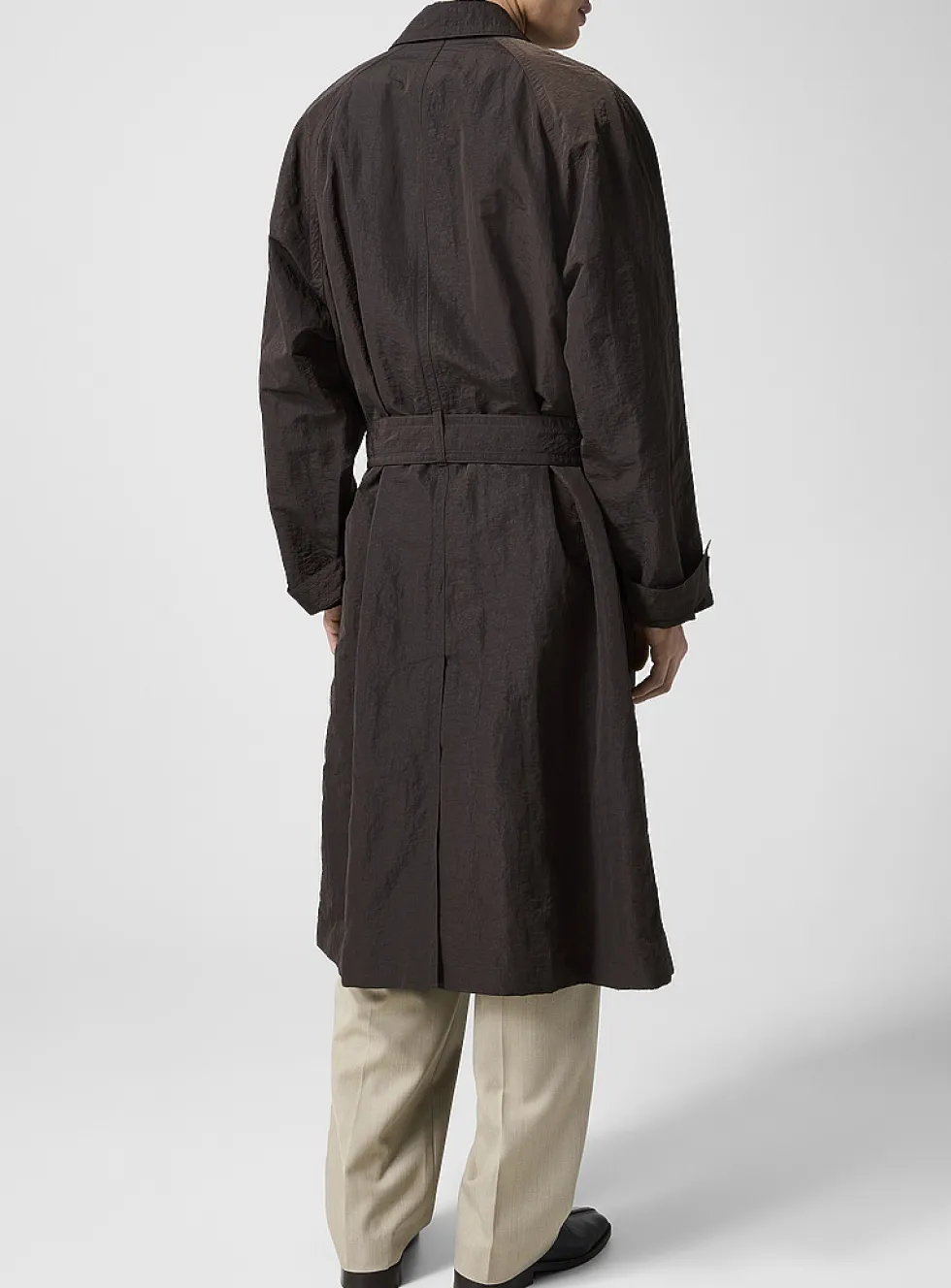 Crinkled nylon belted trench coat