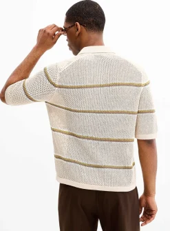 Crochet knit striped polo