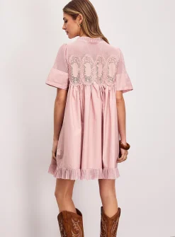 Crocheted ovals flared poplin minidress