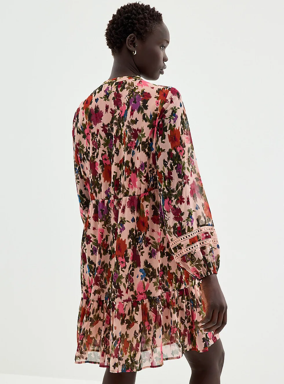 Crocheted trims floral chiffon dress