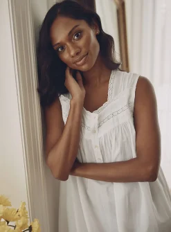 Crocheted-accent poplin long nightgown
