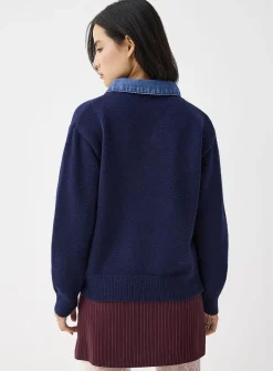 Denim polo collar sweater