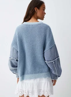 Denim sleeves two-tone knit sweater
