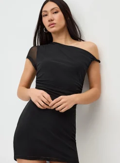Draped mesh off-the-shoulder minidress