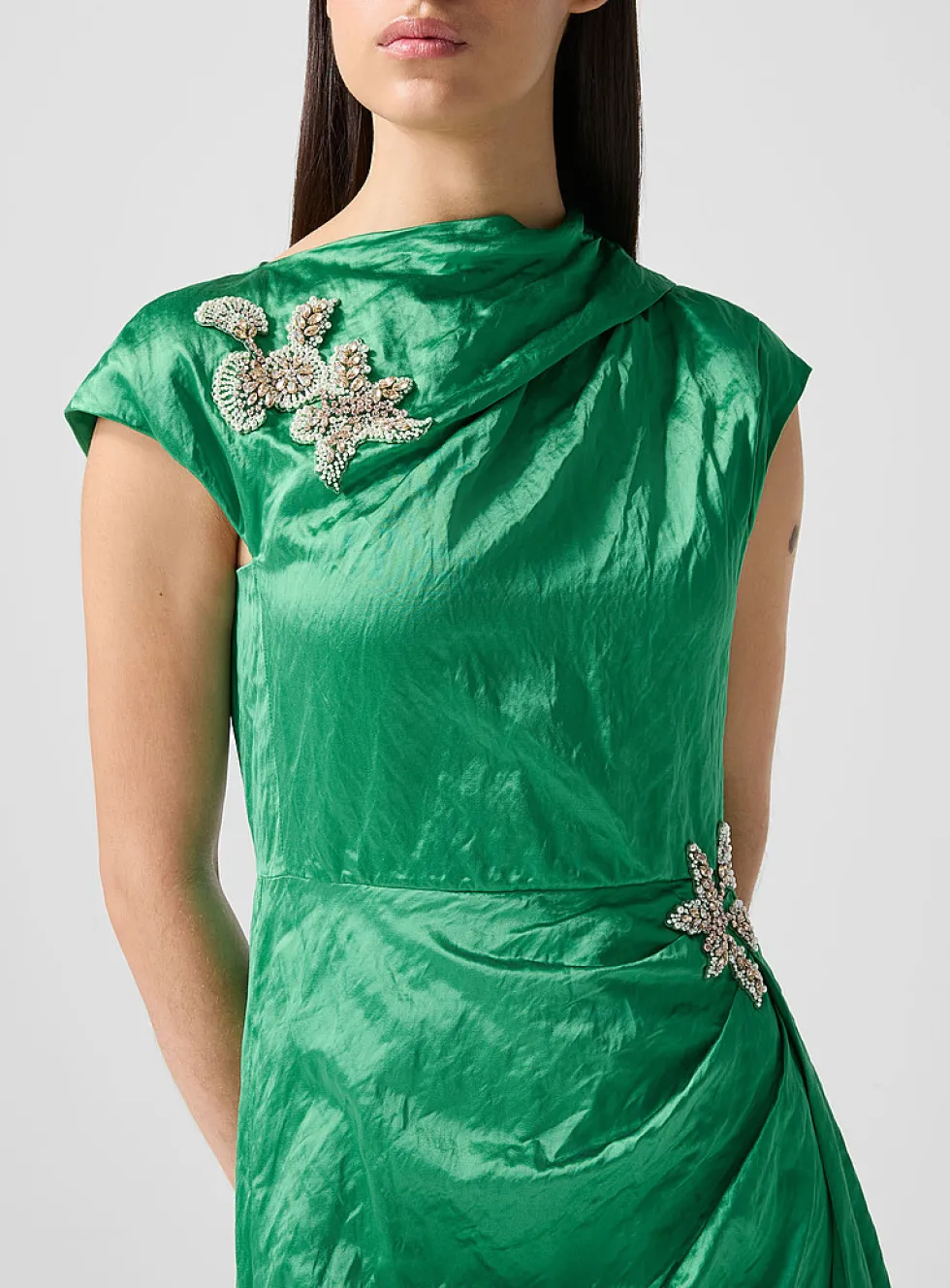 Draped satin dress with embroidered embellishments