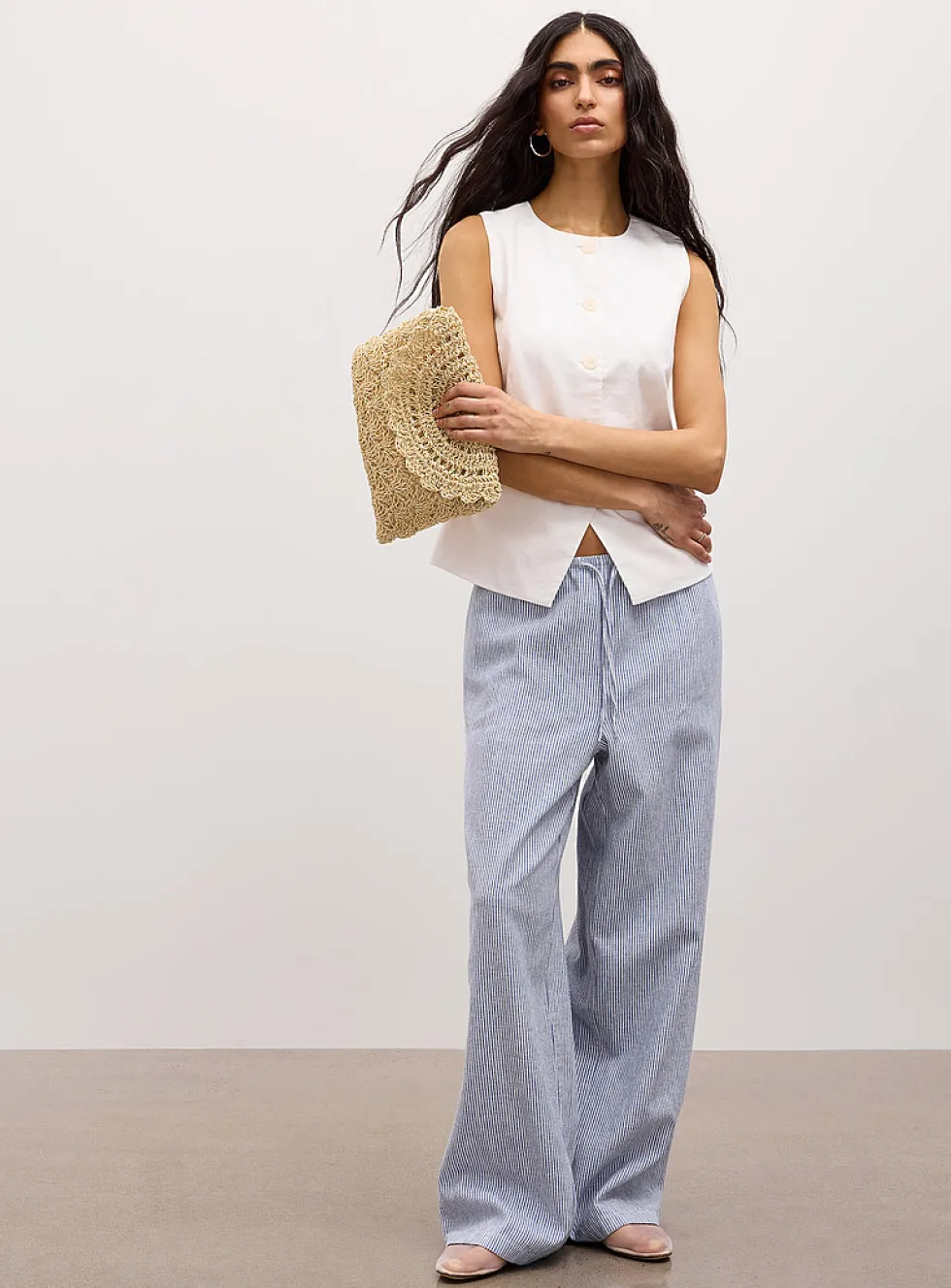 Drawcord waist linen-blend wide-leg pant