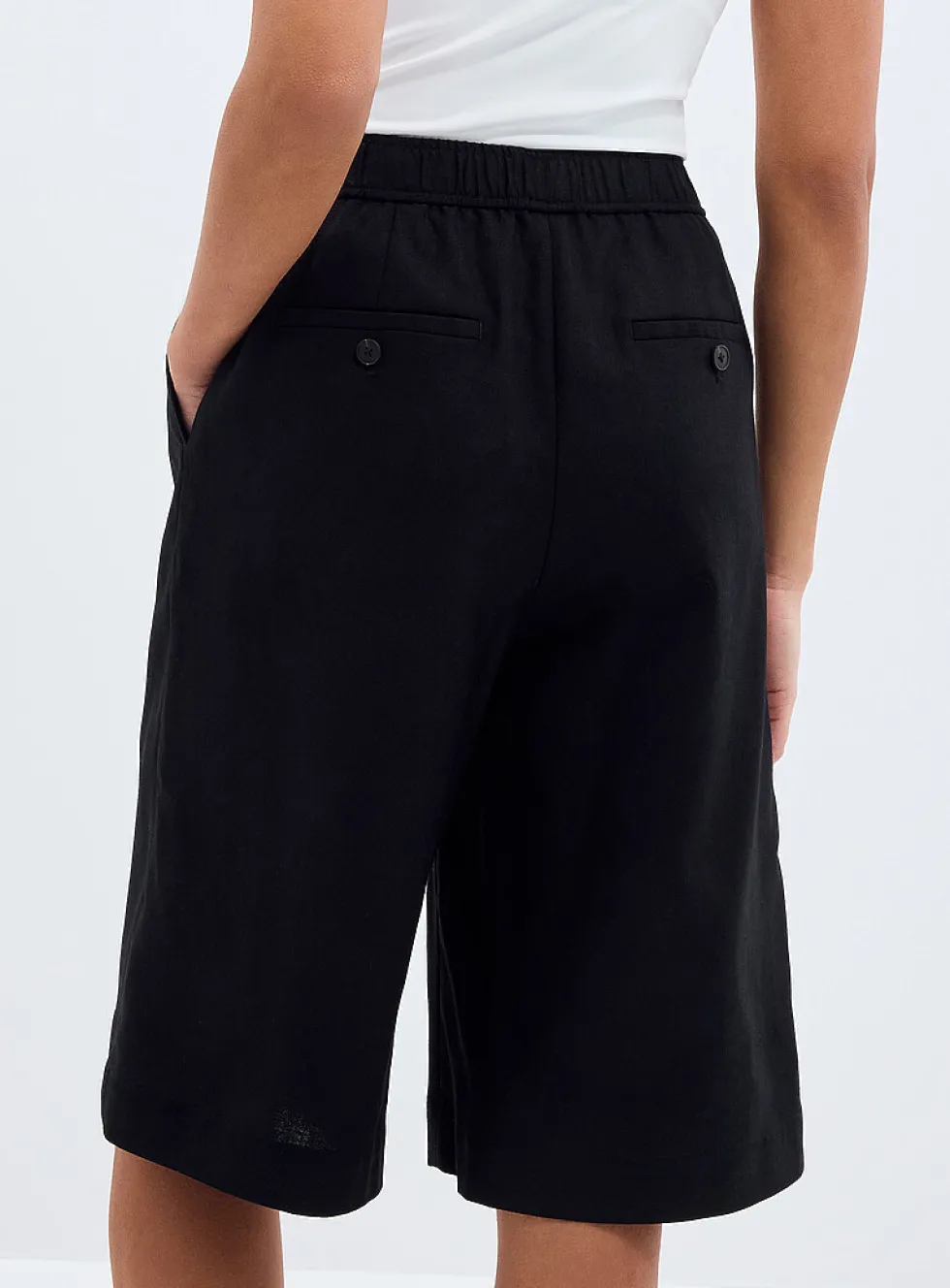 Elastic waist linen-cotton Bermuda shorts