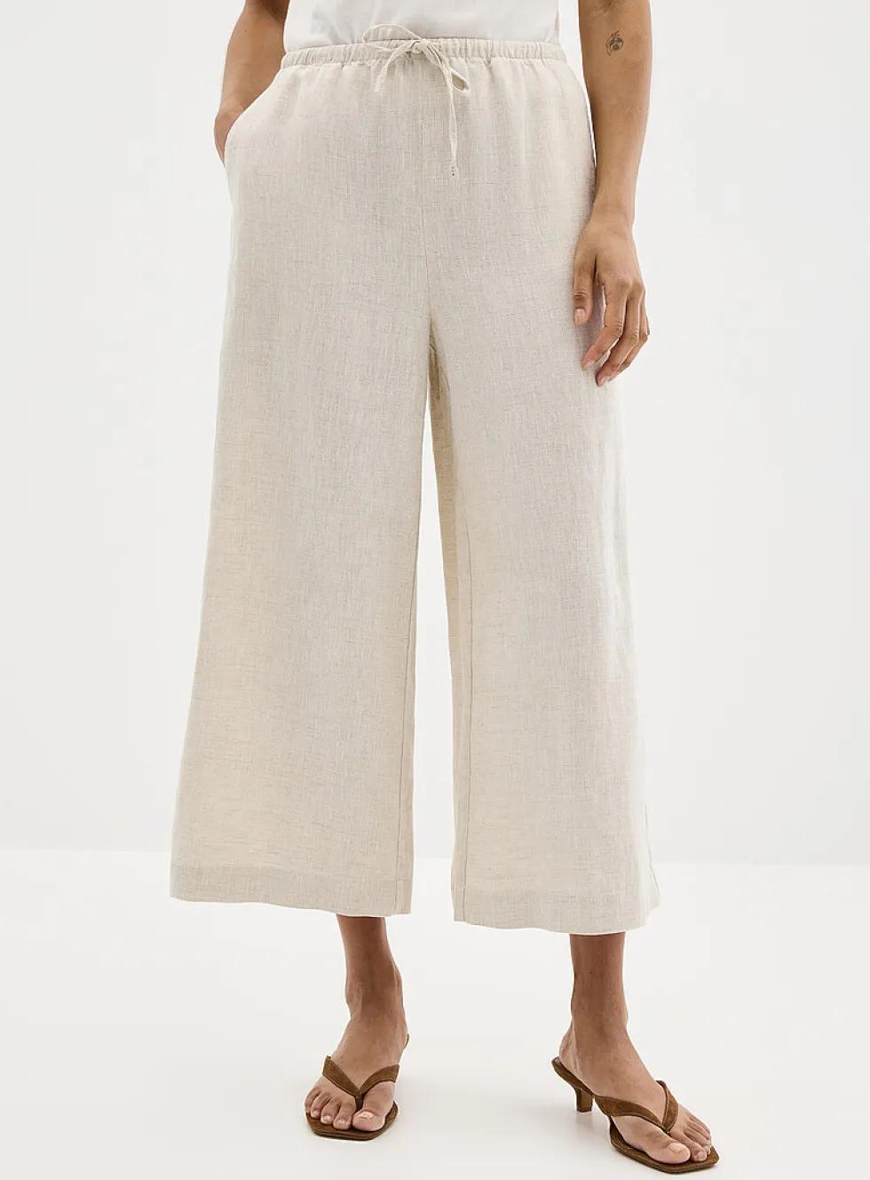 Elastic waist pure linen capri pant