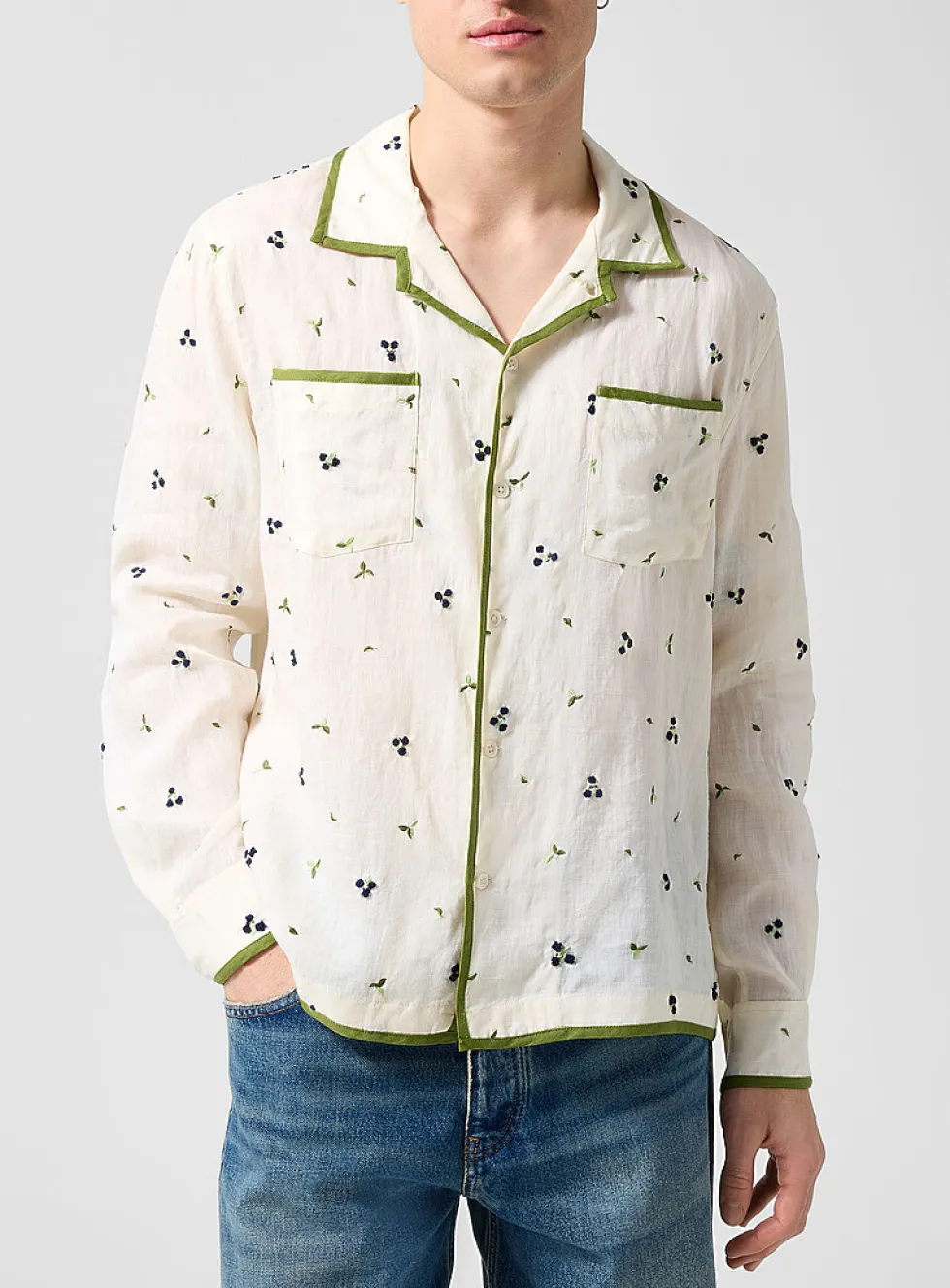Embroidered blackberries sheer linen shirt