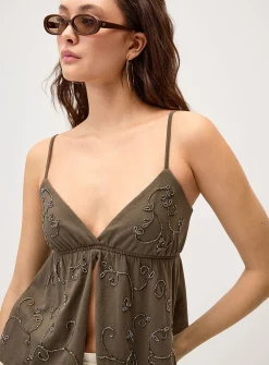 Embroidered details flyaway babydoll cami