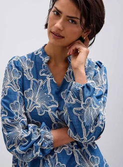 Embroidered faux-denim tiered dress