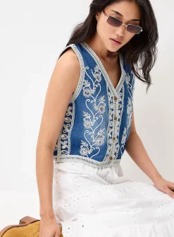 Embroidered flowers denim vest