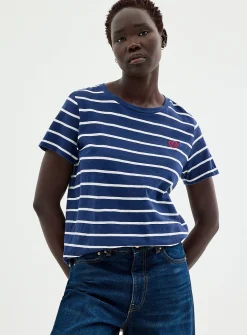 Embroidered heart striped slub T-shirt