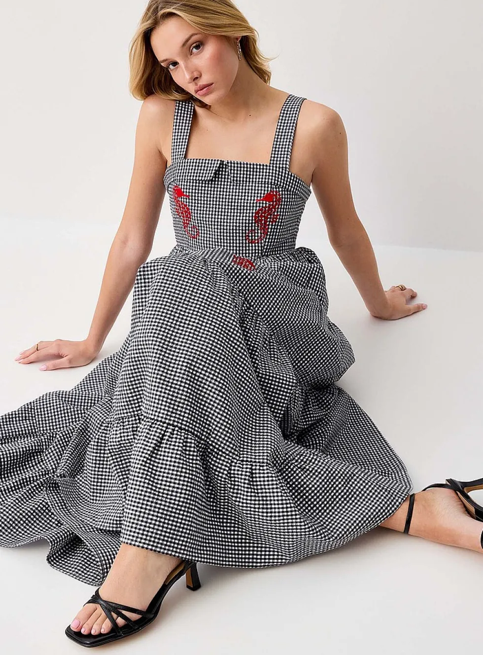 Embroidered seahorses maxi tiered seersucker dress