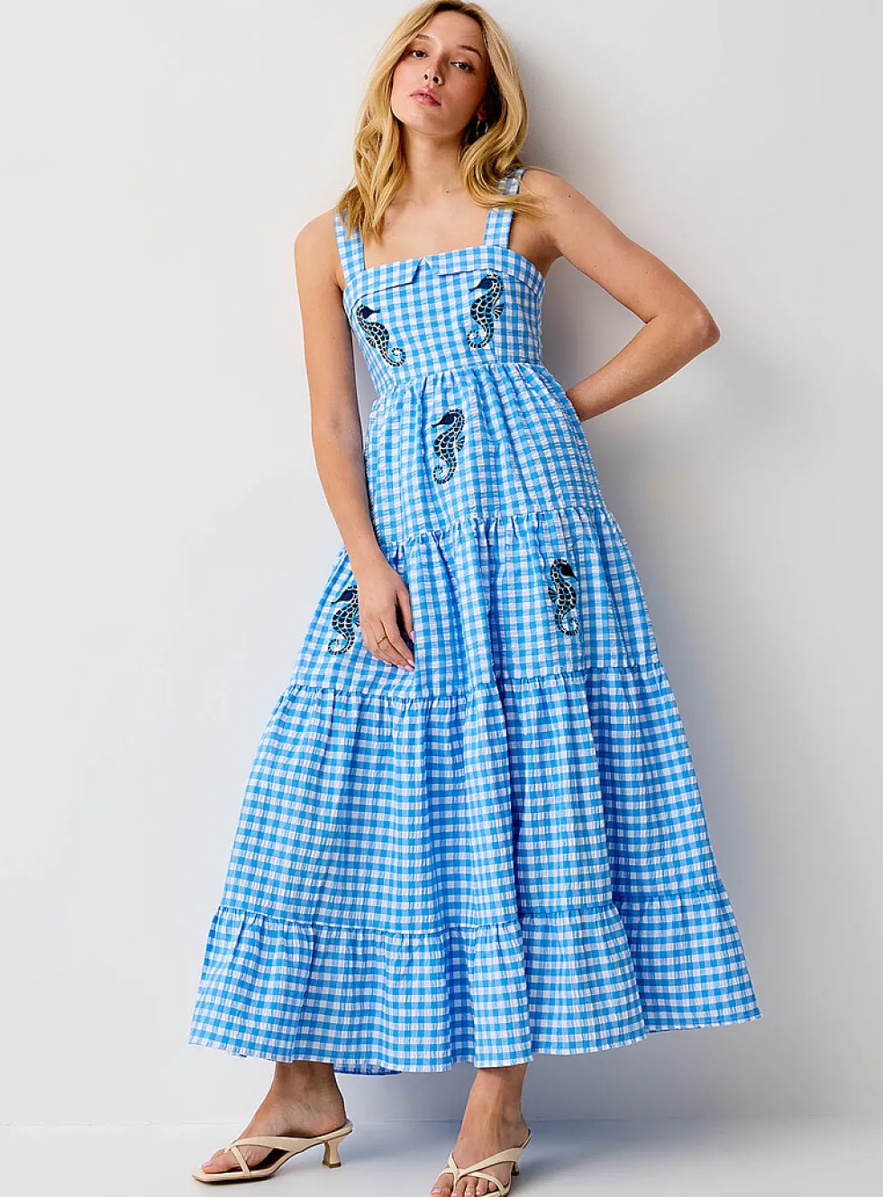 Embroidered seahorses maxi tiered seersucker dress