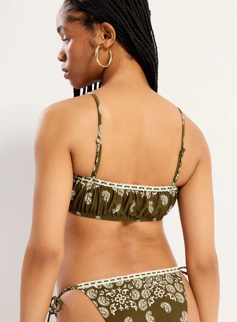 Fine lace-trim gathered bralette bikini top