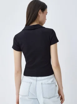 Fine ribbing Johnny collar T-shirt
