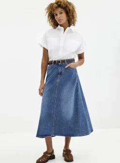 Flared denim midi skirt