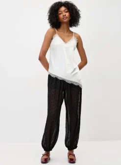 Flocked polka dots chiffon barrel-leg pant