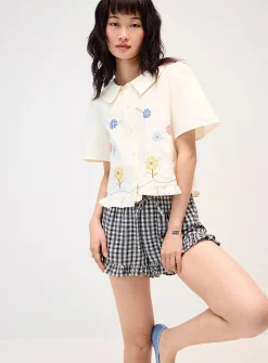Floral embroidery boxy-fit shirt