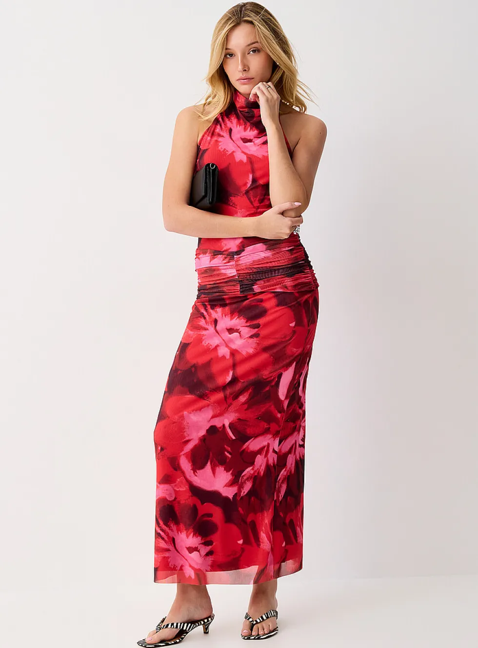 Floral micromesh ruched waist halter dress