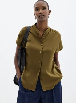 Flowy satin cap-sleeve blouse