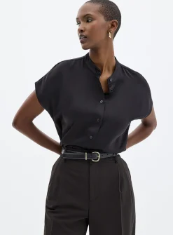 Flowy satin cap-sleeve blouse