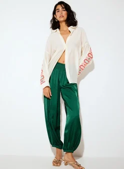 Flowy satin smock-waist jogger