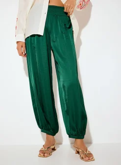 Flowy satin smock-waist jogger