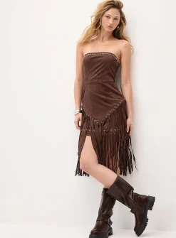 Fringed studded suede tube dress