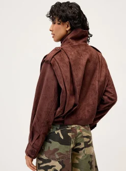 Funnel neck faux-suede jacket