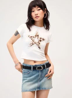 Fuzzy leopard print star fitted T-shirt