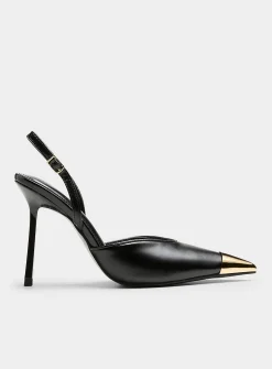 Gold pointed-toe slingback pumps