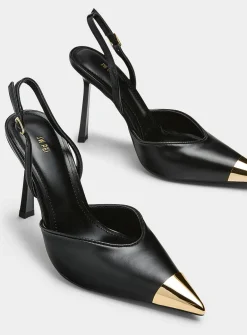 Gold pointed-toe slingback pumps