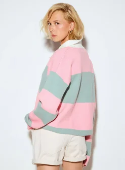Golden buttons polo collar striped cropped sweater