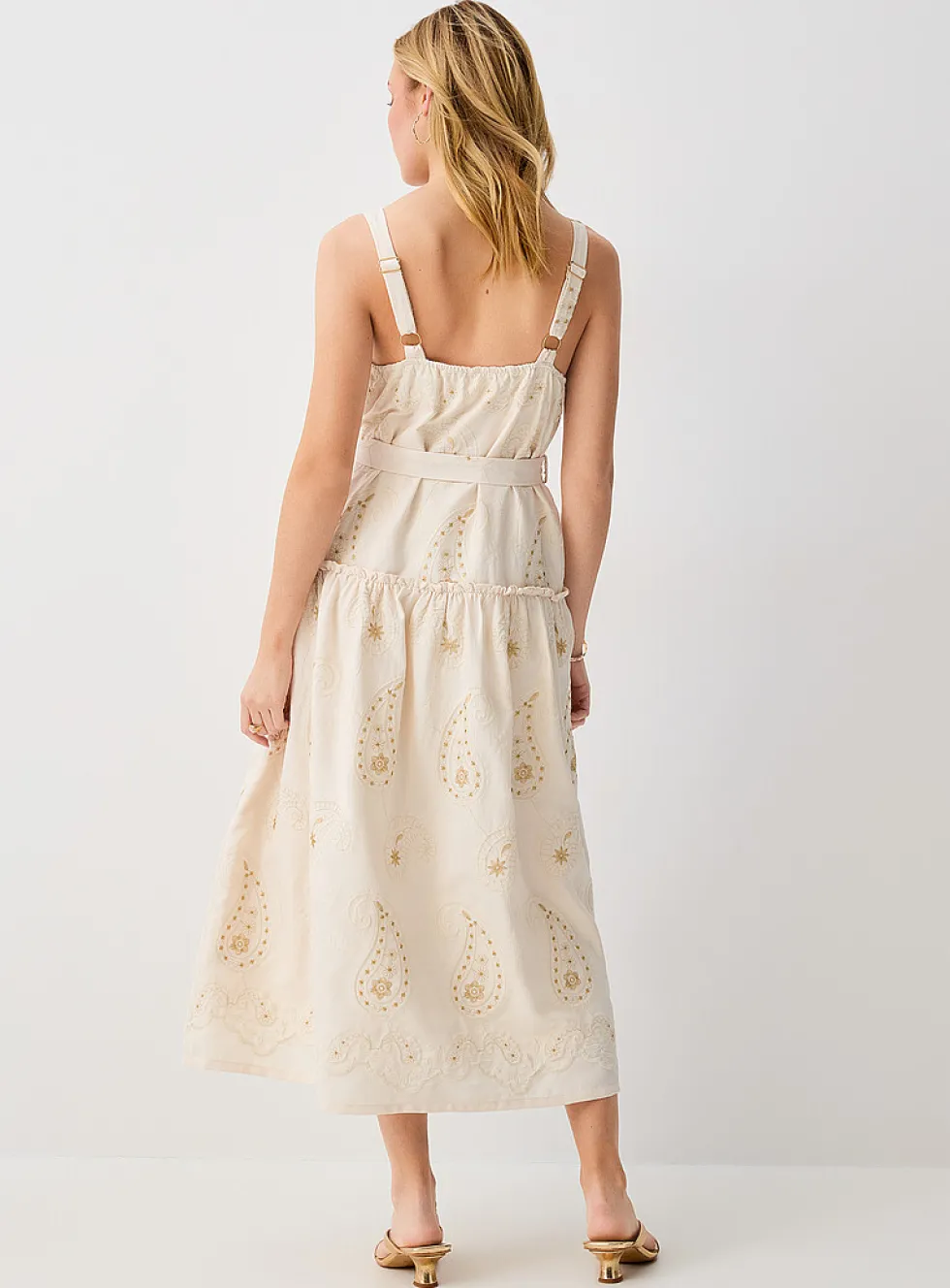 Golden embroidery maxi belted dress