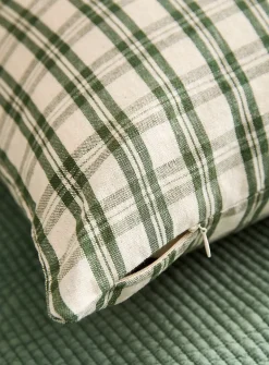 Green checkers linen-blend removable-cover cushion