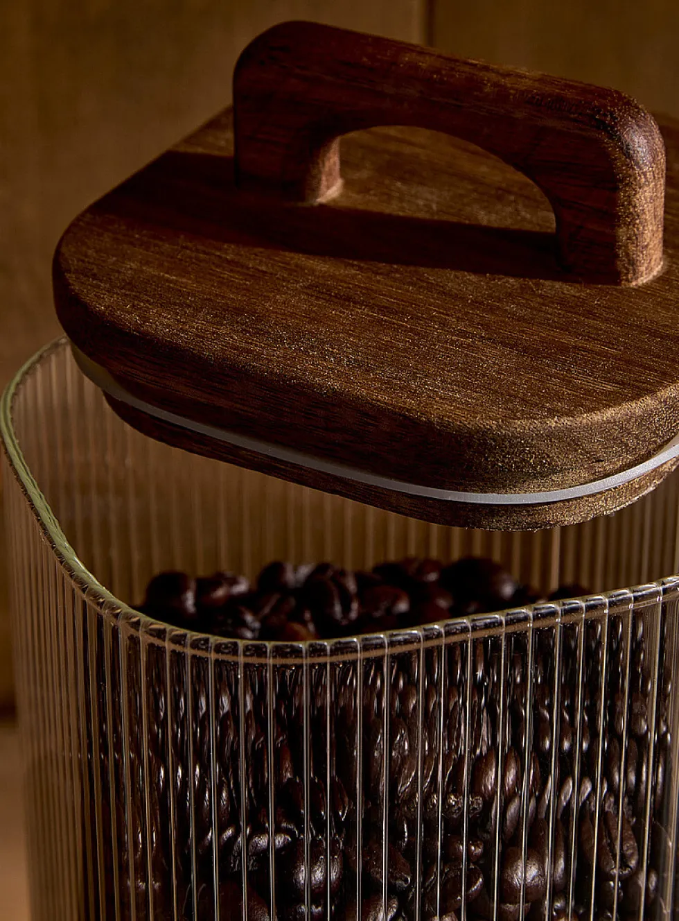 Grooved glass and wood large storage jar