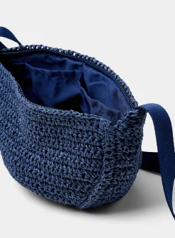 Half-moon braided straw crossbody bag