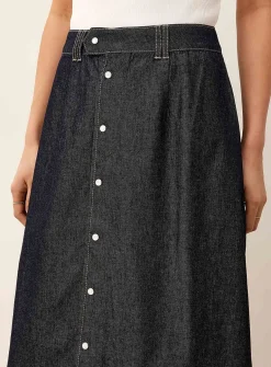 Iridescent buttons lightweight denim midi skirt