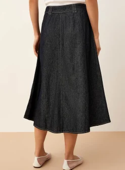 Iridescent buttons lightweight denim midi skirt