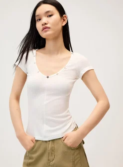 Iridescent buttons V-neck T-shirt