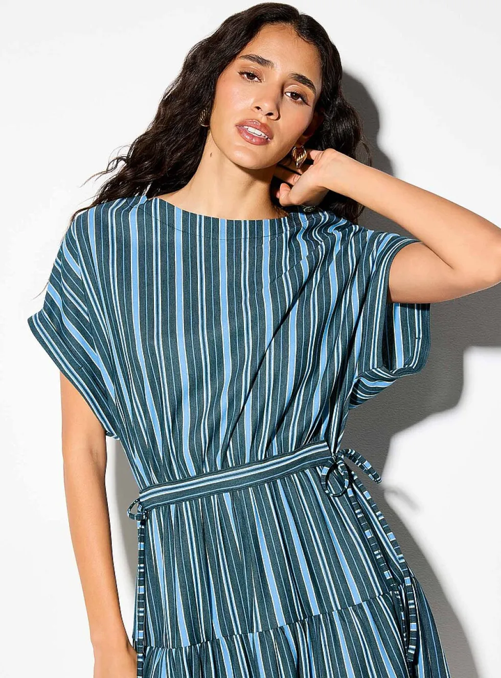 Irregular stripes tie-up waist piqué minidress