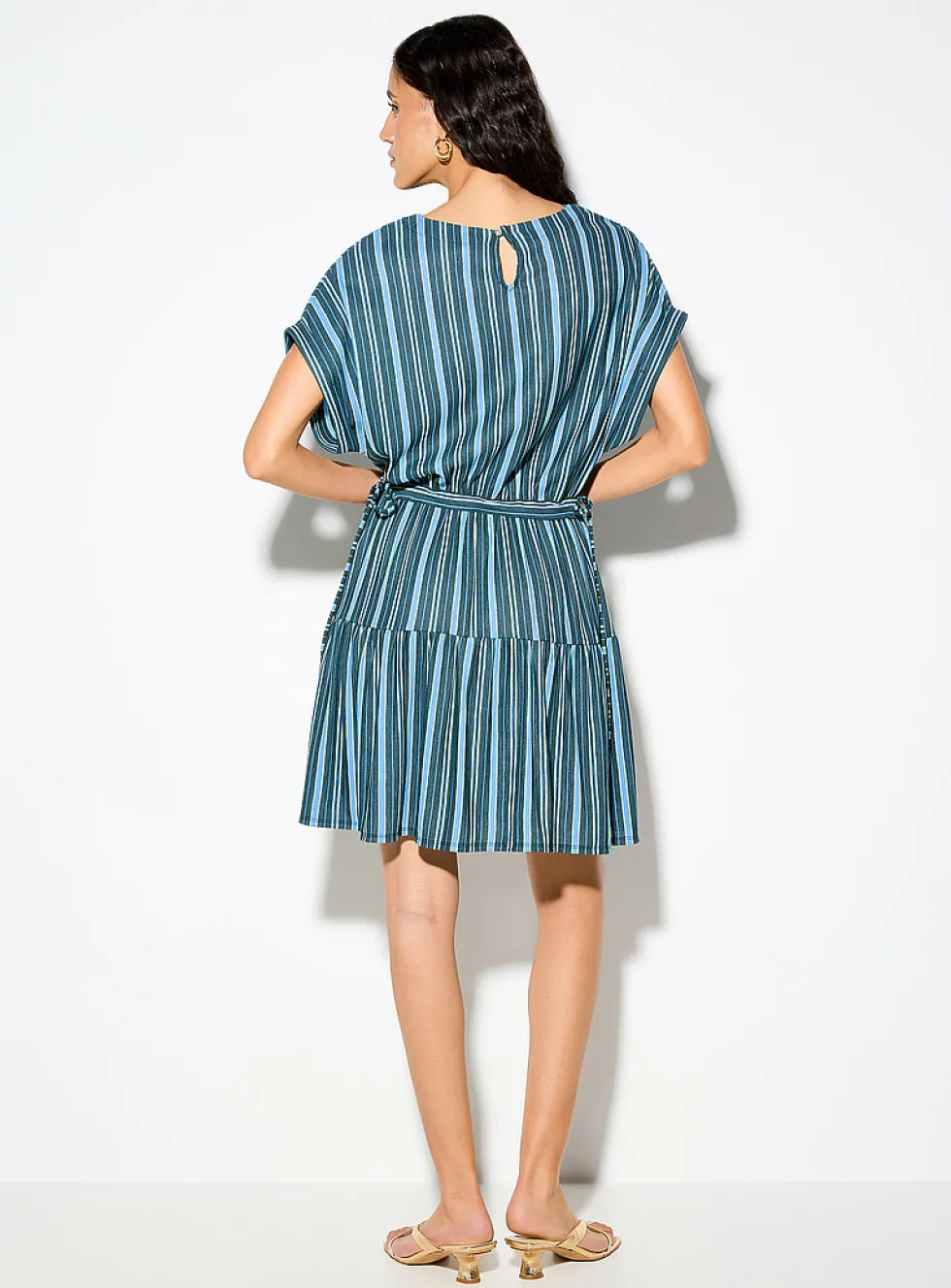 Irregular stripes tie-up waist piqué minidress