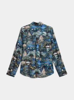 Jewel-button printed fluid blouse