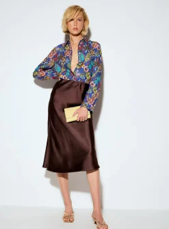 Jewel-button printed fluid blouse