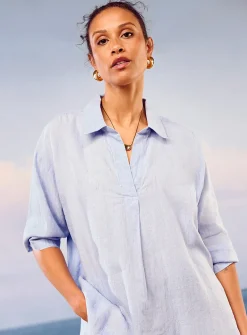 Johnny collar pure linen blouse